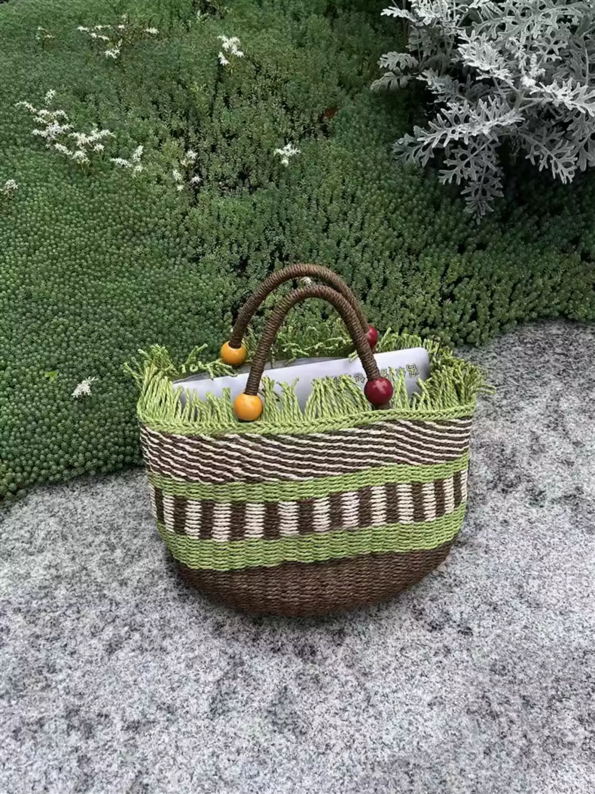 Store Faded Retro Picnic Fruit Basket Bag - Woven Summer Beach Handbag - Faded