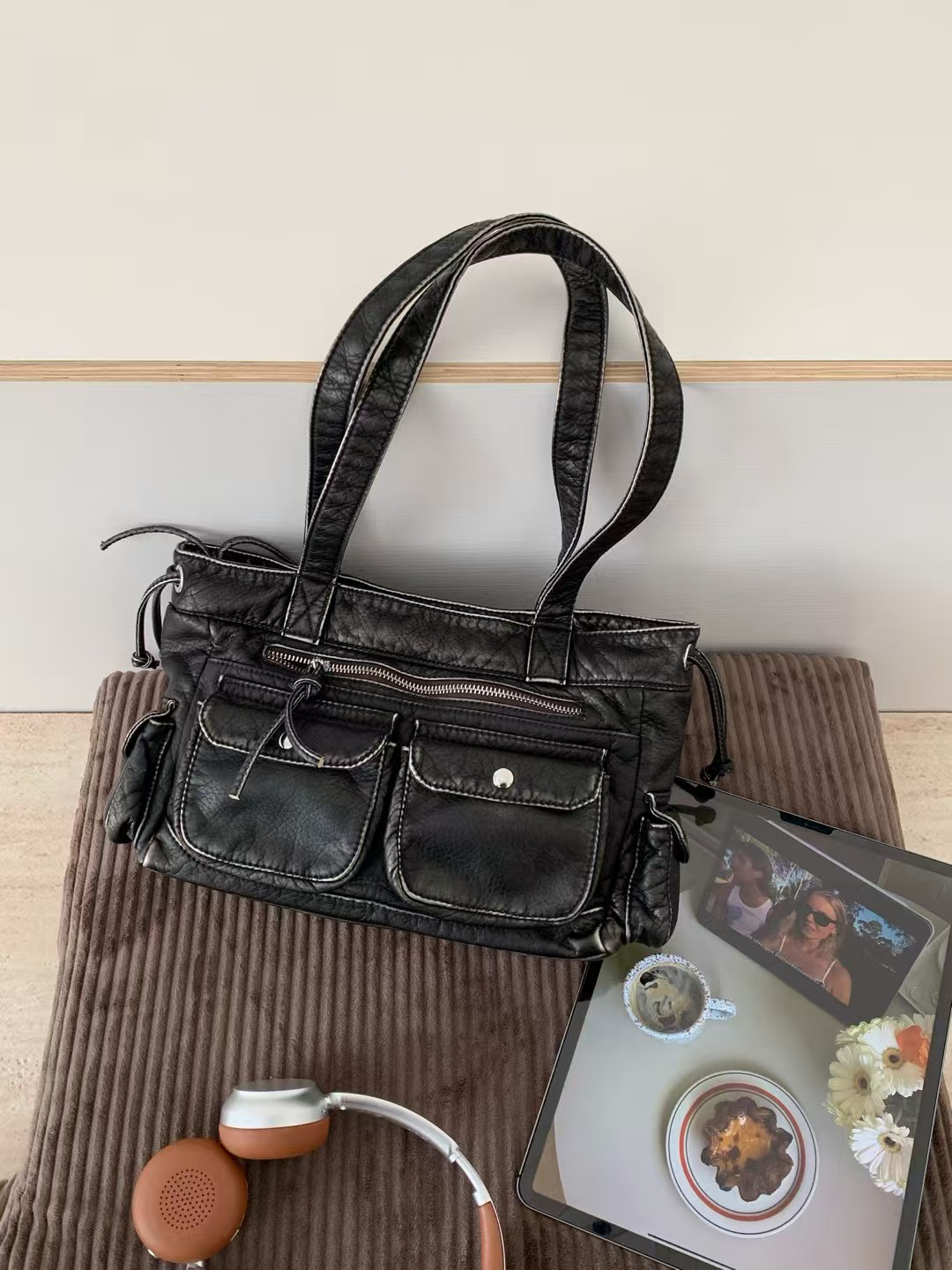 Store Faded Edgy Biker Shoulder Bag - Soft Leather Multi-Pocket Cargo Purse - Faded