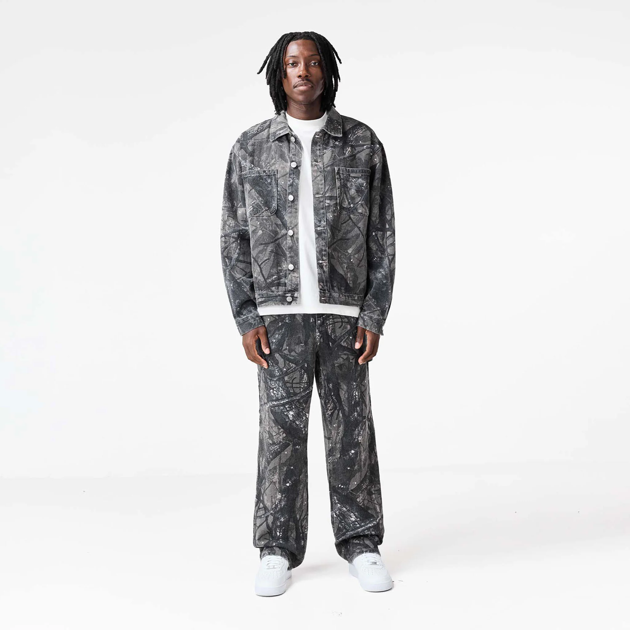Tree Camo Print Denim Set | Grey - Faded